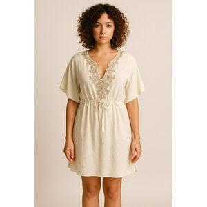 Free People Cream Embroidered Tunic Top Womens 10 Tie-Front